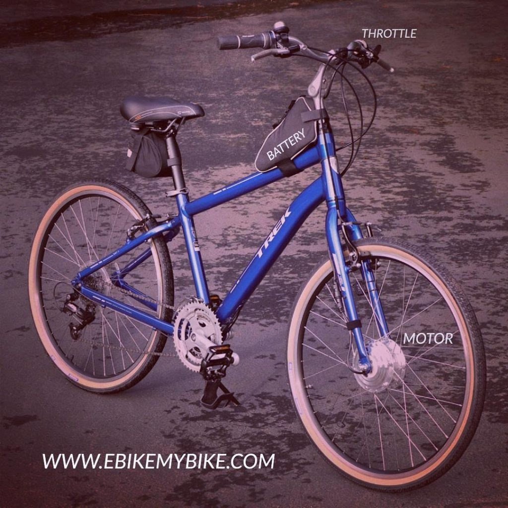 blue e-bike with motor, battery, and throttle labeled