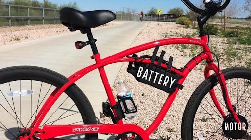 red e-bike with battery and motor labeled